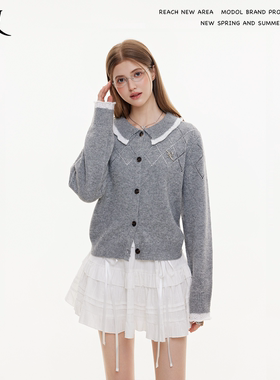 REACH原创春秋新款花边领毛衣女学院风长袖菱格镂空针织开衫外套