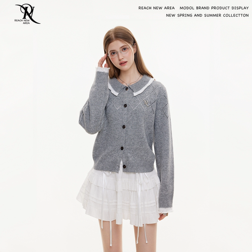 REACH原创春秋新款花边领毛衣女学院风长袖菱格镂空针织开衫外套