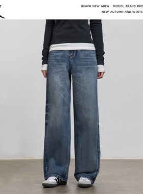 REACH复古蓝色牛仔裤女秋冬2025新款宽松显瘦休闲百搭直筒阔腿裤