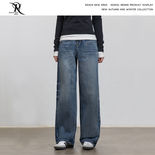 REACH复古蓝色牛仔裤女秋冬2025新款宽松显瘦休闲百搭直筒阔腿裤