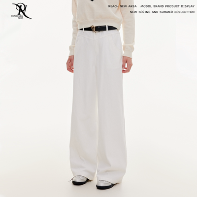 REACH原创春秋新款白色阔腿牛仔裤女高腰宽松垂坠感直筒拖地裤子