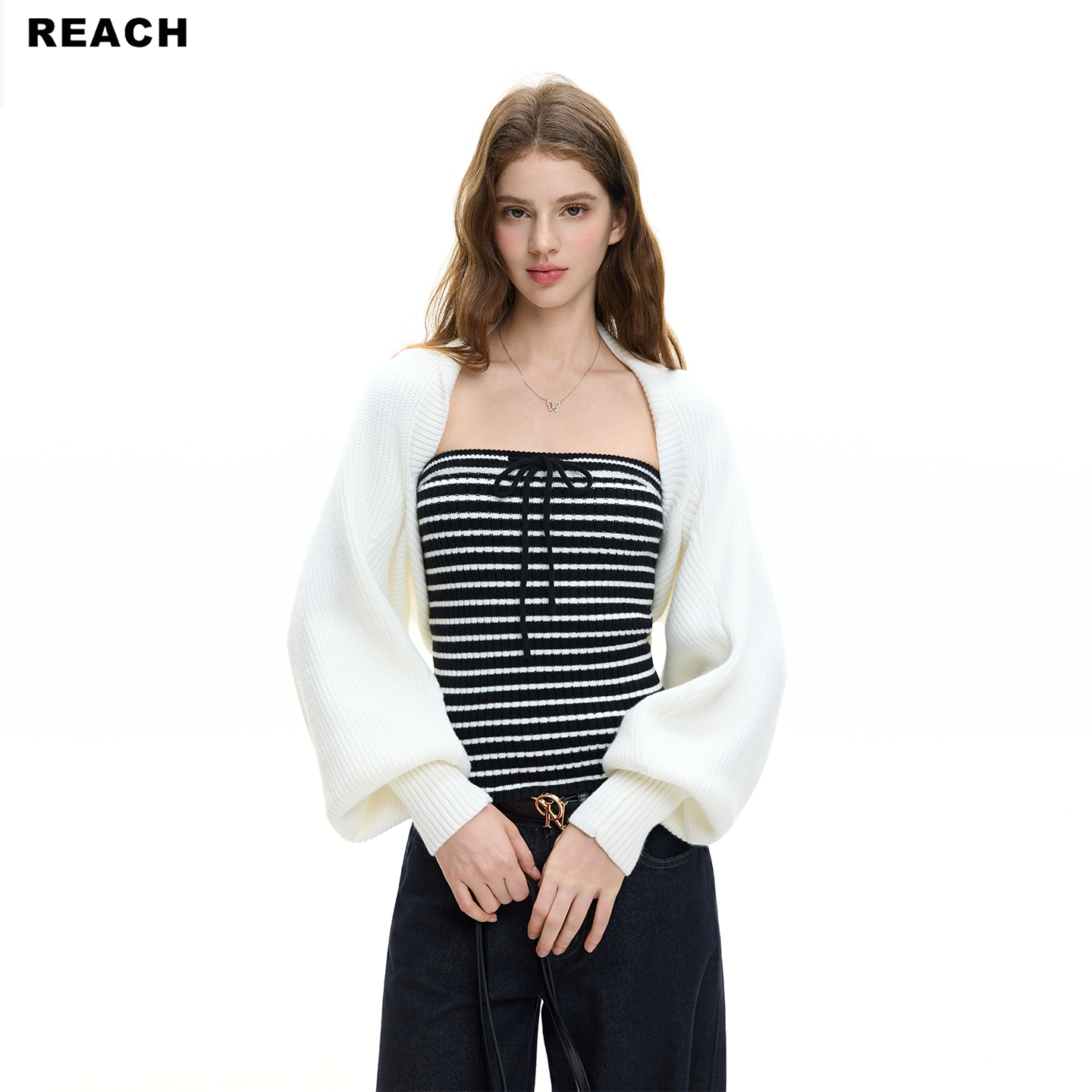 REACH设计款条纹抹胸针织开衫两件套上衣女春秋新款宽松显瘦外套图片