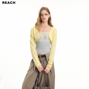 REACH撞色菱形格披肩抹胸两件套女短针织衫毛衣背心吊带修身上衣