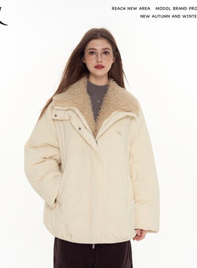 REACH设计感立领阔型卷卷毛领棉服女冬季新款加厚中长款棉衣外套