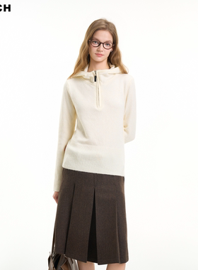 REACH米白色连帽半拉链毛衣女秋冬2025新款慵懒感套头加厚针织衫