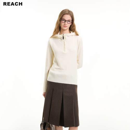 REACH米白色连帽半拉链毛衣女秋冬2025新款慵懒感套头加厚针织衫