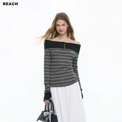 REACH黑白条纹莱赛尔一字肩女春季新款修身长袖上衣百搭打底衫衣