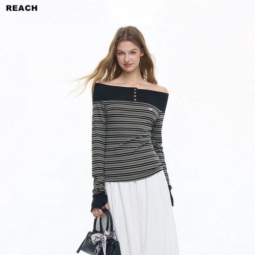 REACH黑白条纹莱赛尔一字肩女春季新款修身长袖上衣百搭打底衫衣