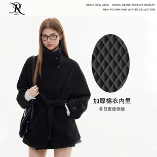 REACH原创秋冬夹棉羽绒版黑色西装外套女收腰气质百搭呢料上衣服