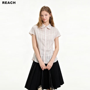 REACH设计感粉色条纹polo领短袖衬衫女夏季新款气质修身显瘦上衣