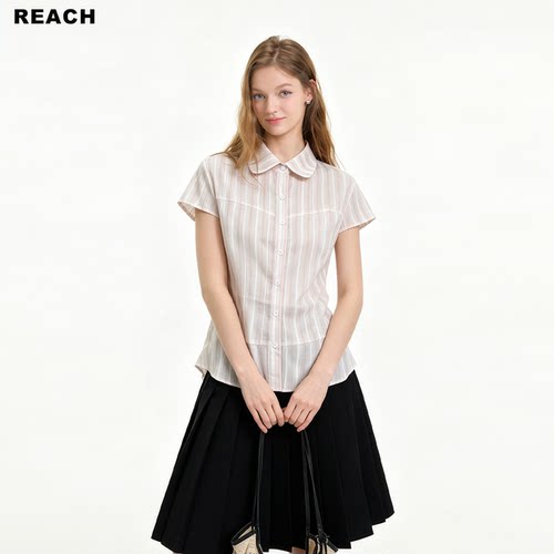 REACH设计感粉色条纹polo领短袖衬衫女夏季新款气质修身显瘦上衣