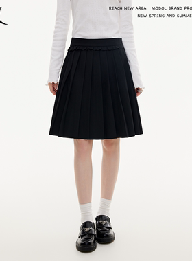 REACH原创春秋新款黑色A字百褶半身裙女学院风裙子宽松休闲长裙子