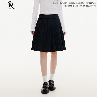 REACH原创春秋新款黑色A字百褶半身裙女学院风裙子宽松休闲长裙子