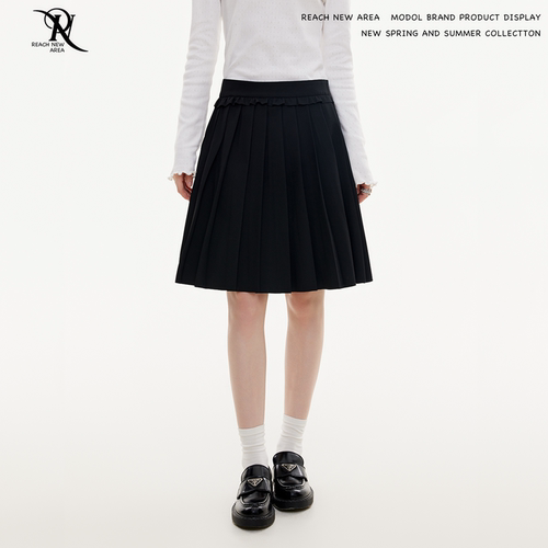 REACH原创春秋新款黑色A字百褶半身裙女学院风裙子宽松休闲长裙子