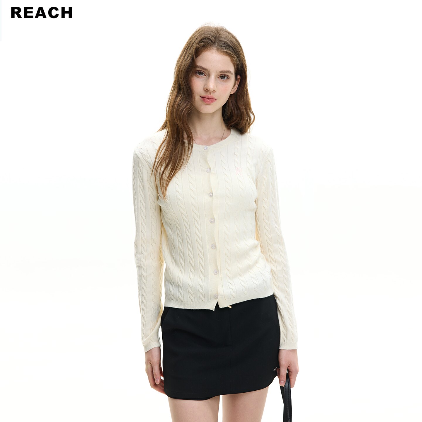 REACH简约刺绣设计感麻花针织上衣女春秋新款宽松显瘦百搭毛衣服