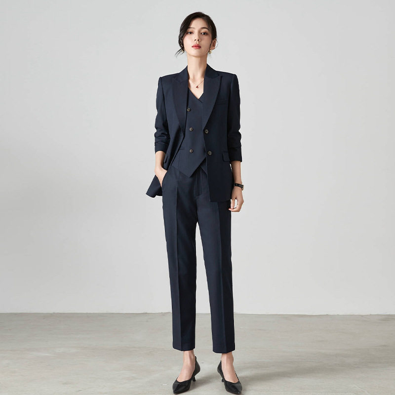 春秋冬高端藏青色通勤修身西装上衣外套正装西服马甲小脚裤套装