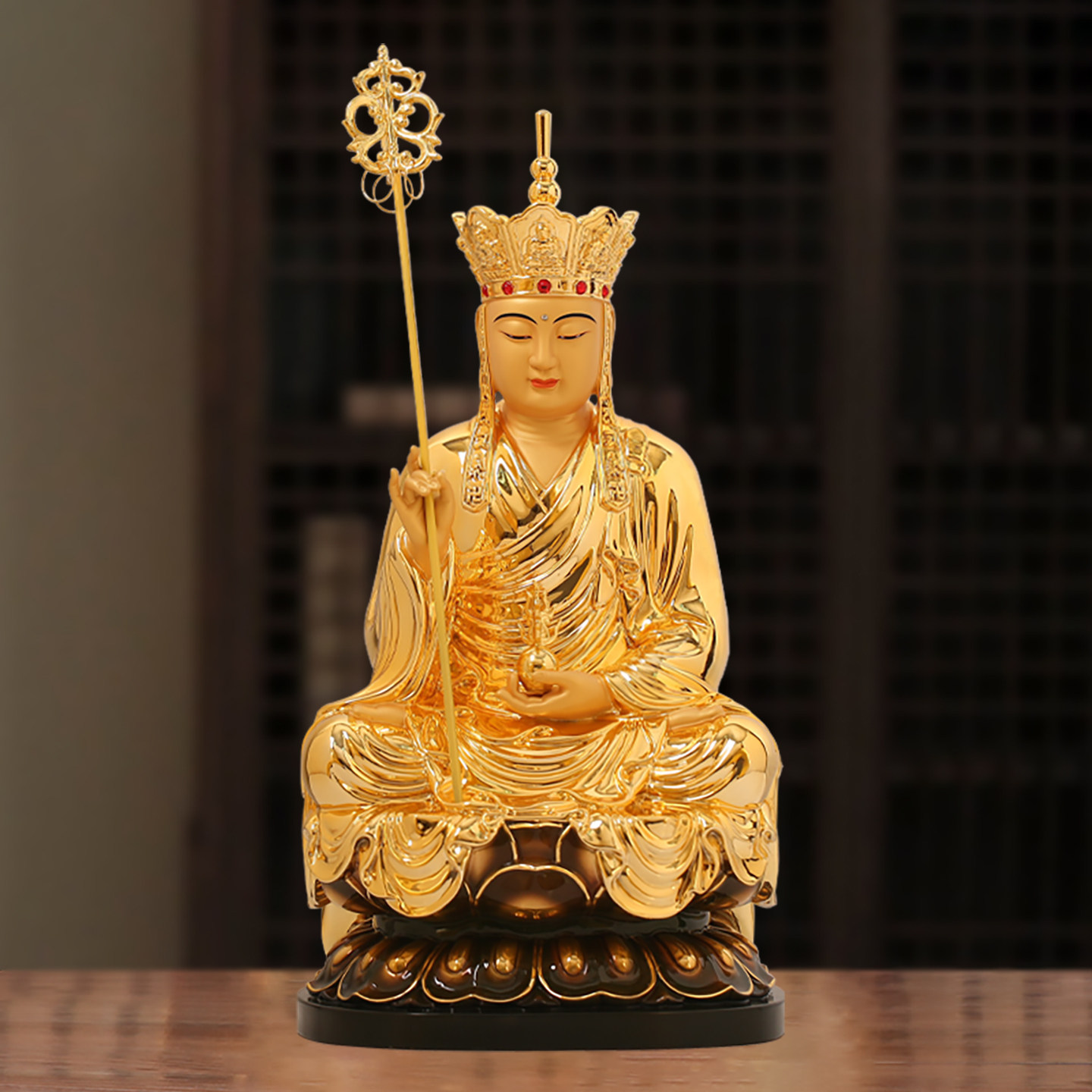 台湾鎏金地藏王菩萨家用佛堂供奉贴金娑婆三圣神像纯铜佛像铜摆件