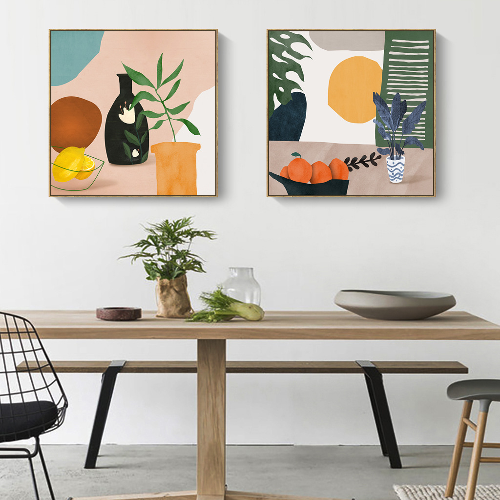 客厅装饰画 北欧ins莫兰迪艺术抽象橘子植物餐厅餐厅挂画方形酒店图片