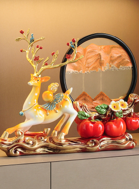 柿柿事事如意鹿流沙画 画摆件办公室客厅电视柜酒柜乔迁开 业大吉