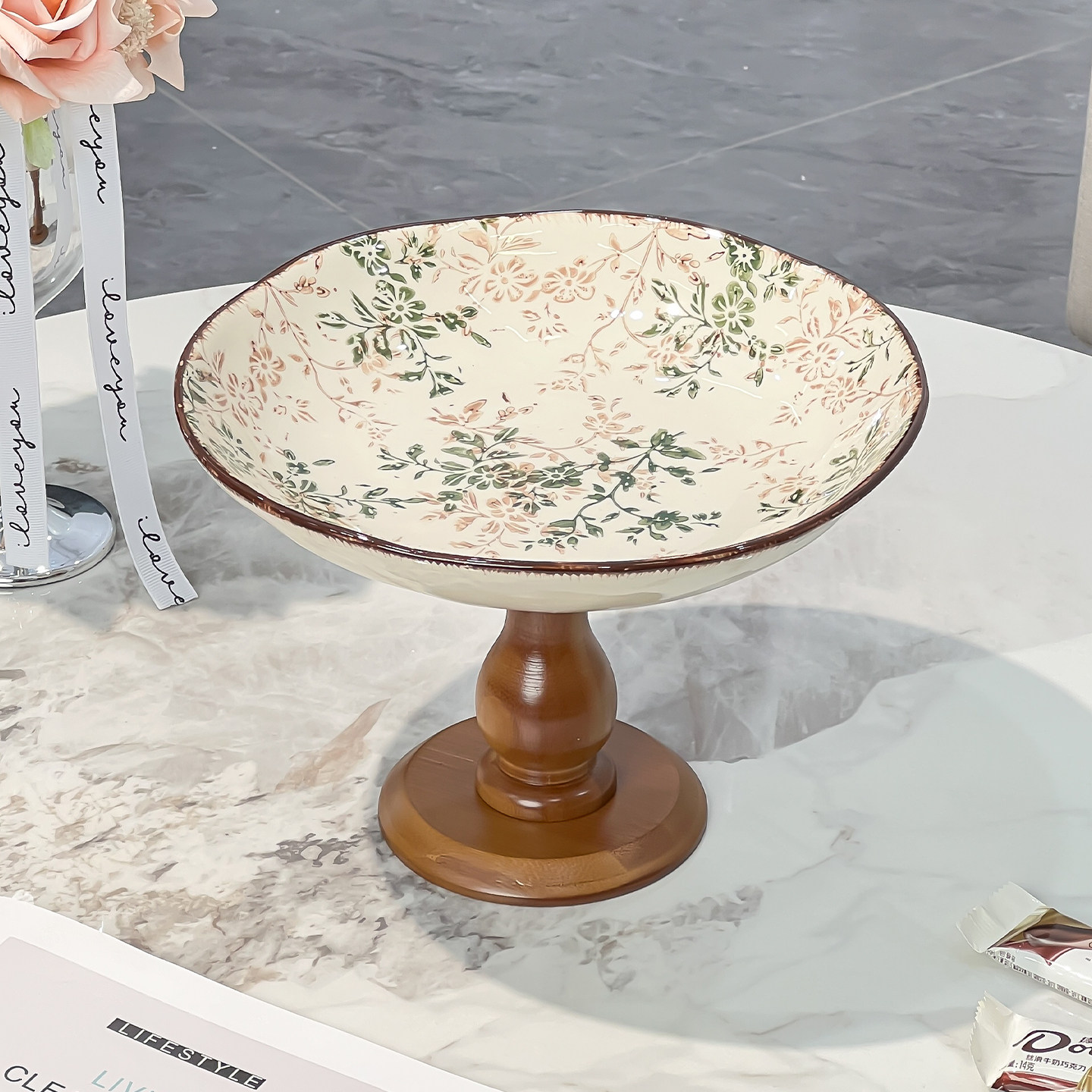 陶瓷高脚复古木质托盘繁花水果盘家用客厅茶几茶店零食卧室干果盘