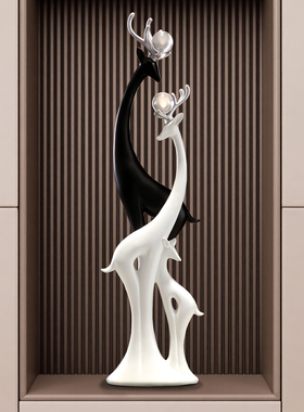 一家三口鹿入户玄关摆件高档客厅电视柜细长壁龛落地乔迁礼物软装