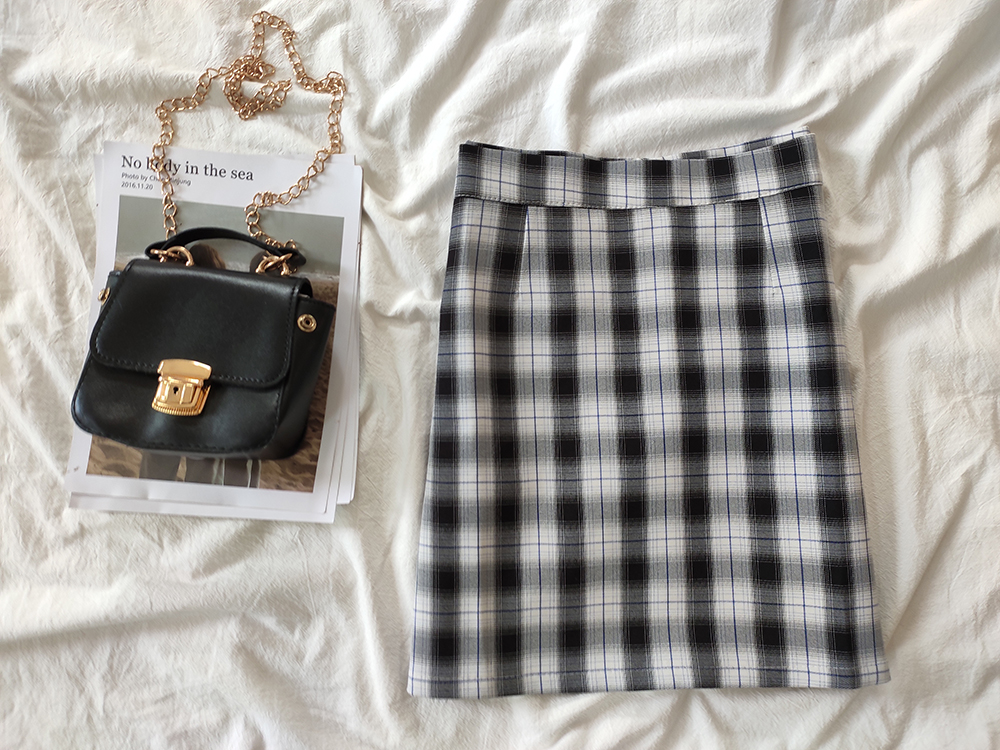 Real shot new spring high waist retro check skirt