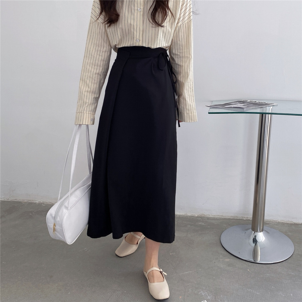 Real shot spring and summer lace up one piece skirt women's fashion high waist solid color medium long skirt wrapped skirt