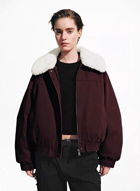 SH&UR2025冬季新款女装休闲拼接红色毛领超宽松羽绒服UYY150056