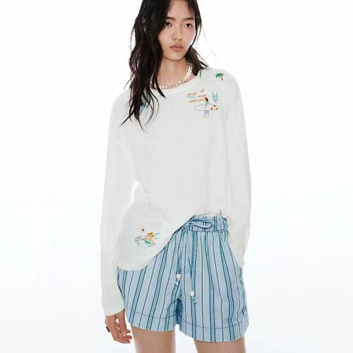 SH&UR2026夏季新款女装休闲度假风趣味刺绣圆领长袖T恤UYL460123