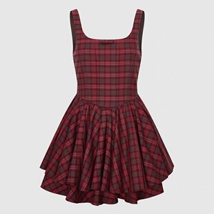 SH&UR2026春新款女都市复古格纹蝴蝶结红色双层摆连衣裙UYU760001