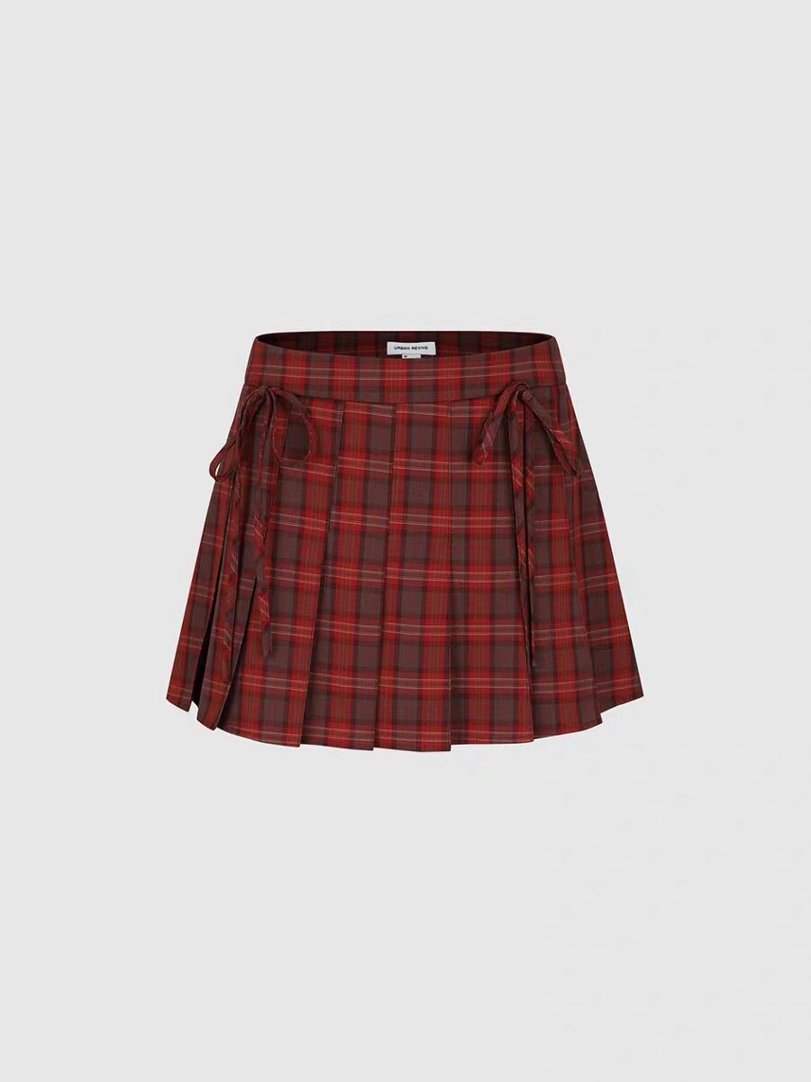 SH&UR2026春新款女装都市学院风格纹蝴蝶结红色百褶半裙UYU560003