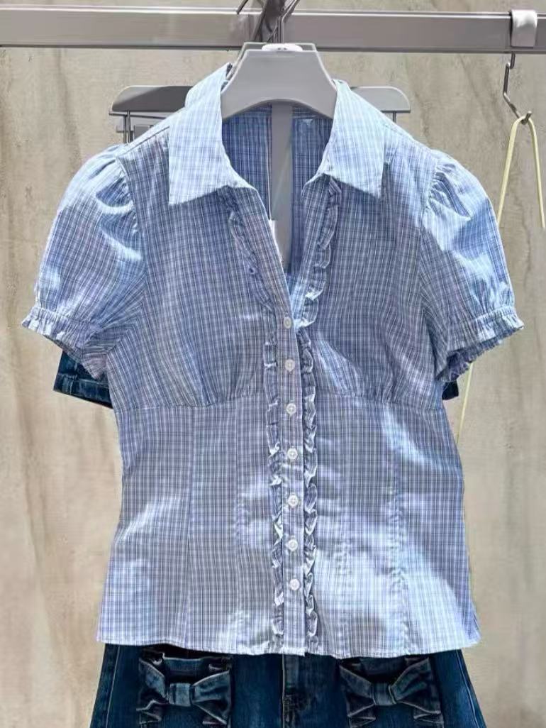 SH&UR2026秋装新品女装清新甜美格纹花边泡泡短袖衬衫UYU260083