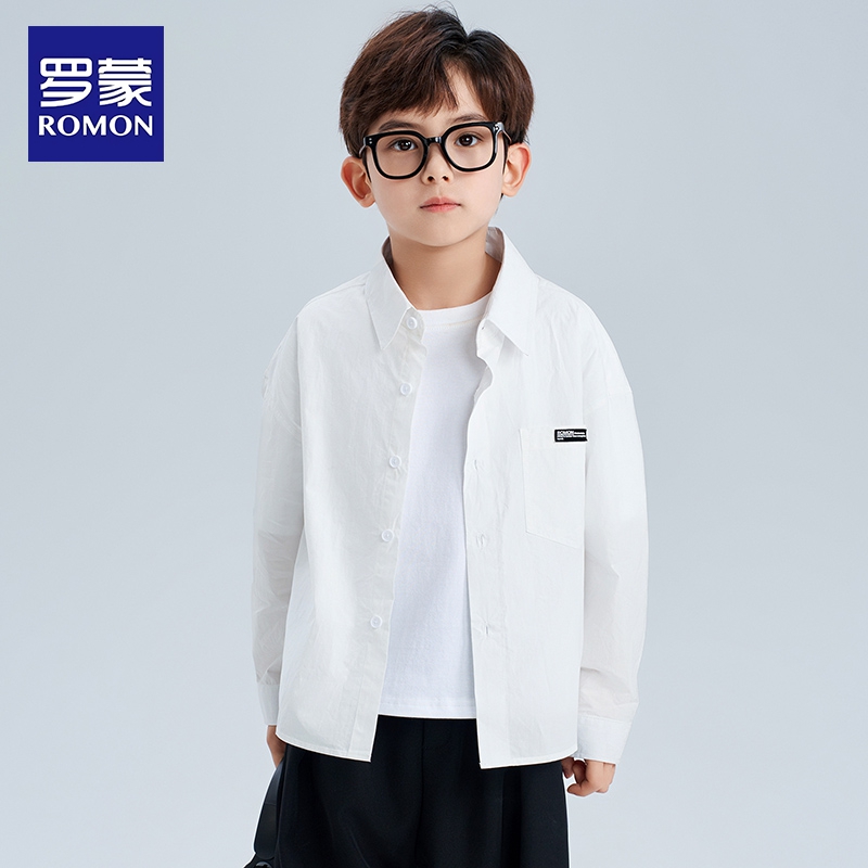 罗蒙儿童长袖白衬衫男童痞帅风