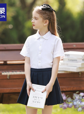 罗蒙女童短袖白色衬衫小学生表演出纯校园服儿童棉半袖衬衣学院风