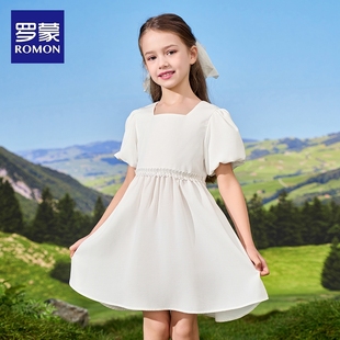 女孩休闲公主裙洋气 罗蒙六一儿童白色方领连衣裙女童2024夏季 新款