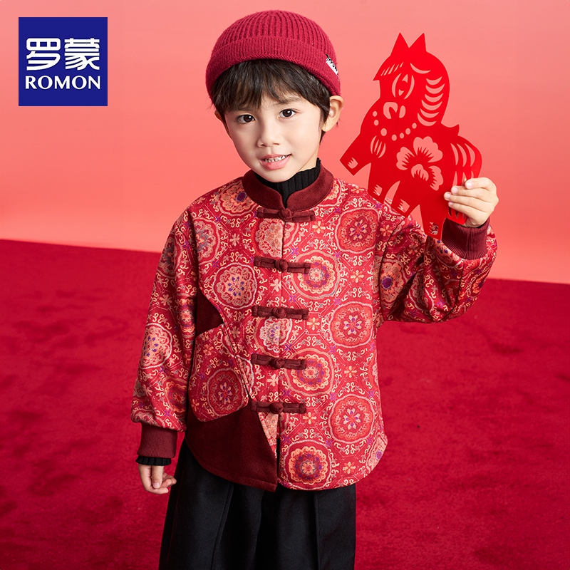 罗蒙新中式男童汉服冬加绒套装