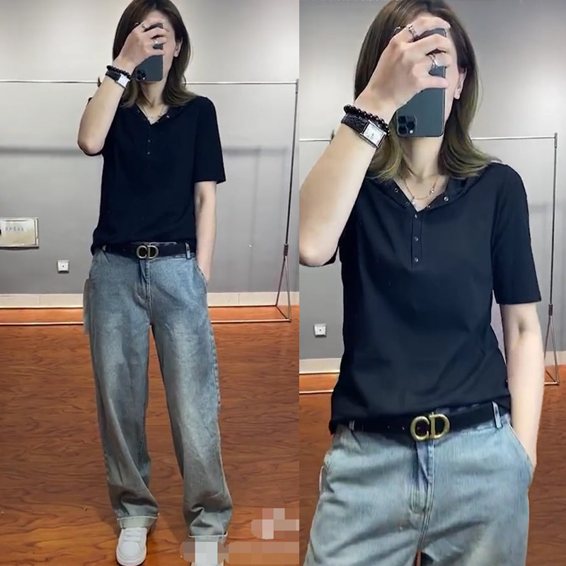 2023春夏季女装抖音 奶酪同款店黑色短袖连帽T恤上衣牛仔裤拖地裤