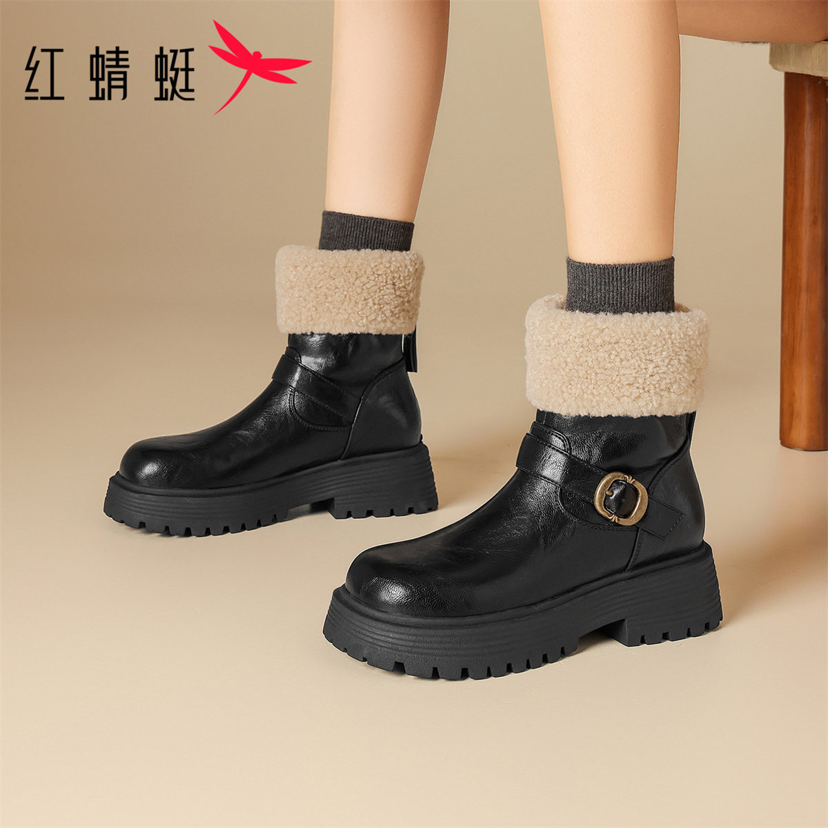 红蜻蜓厚底加绒雪地靴女款2026新款冬棉鞋时尚马丁短靴保暖时装靴