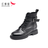 红蜻蜓女士秋冬款 通勤保暖皮靴舒适英伦系带马丁靴粗高跟防滑女靴