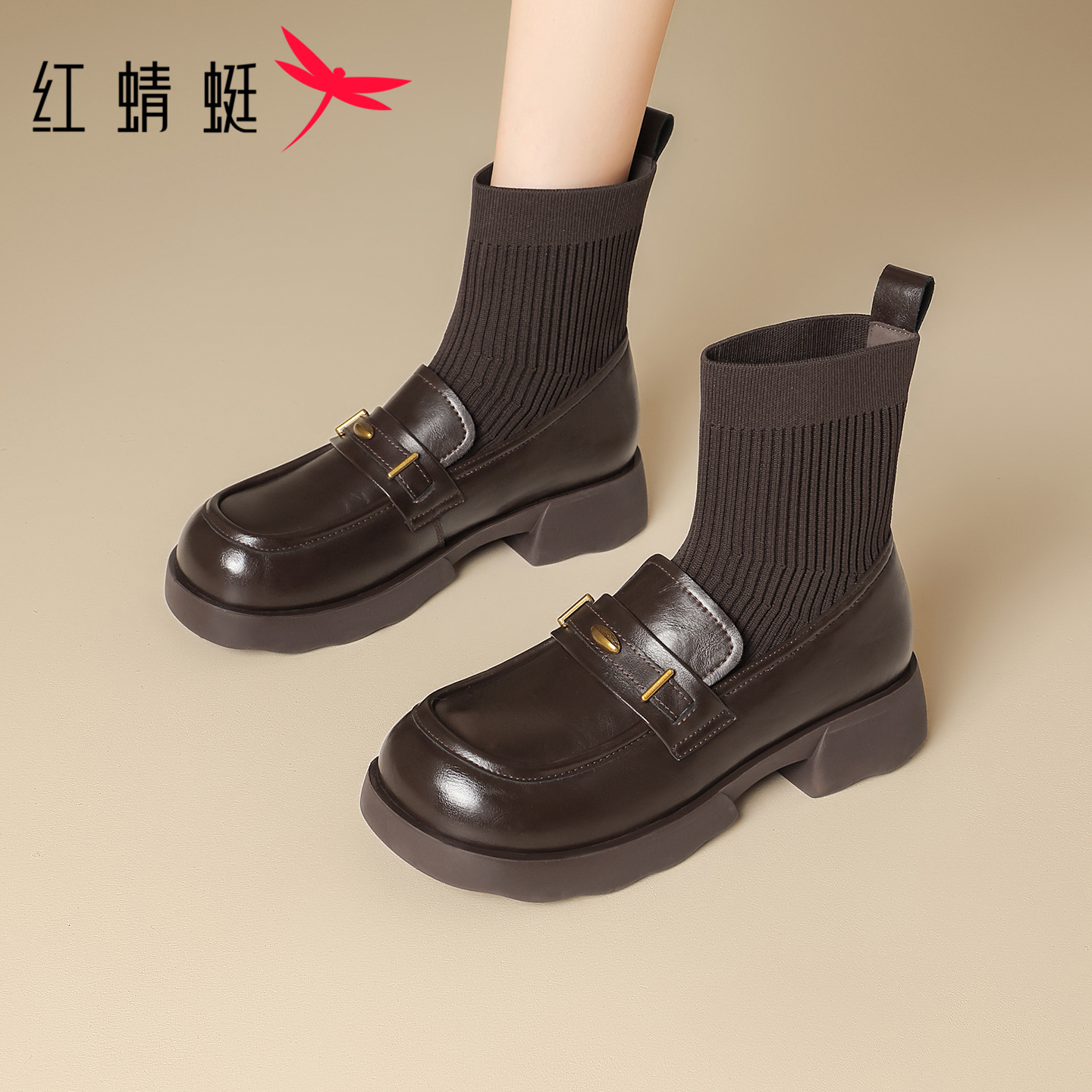 红蜻蜓弹力靴新款冬季袜靴加短绒