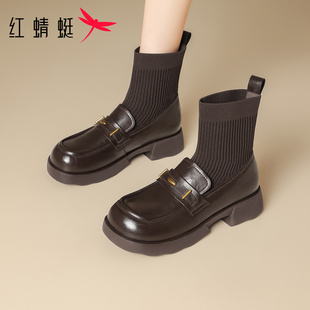 红蜻蜓弹力乐福袜靴女款2026新款时尚短筒皮鞋冬季加绒靴厚底女靴