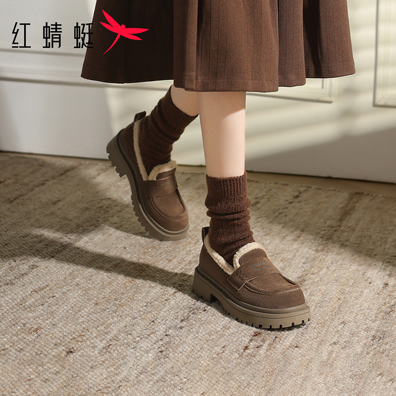 红蜻蜓雪地靴冬新款女款厚底加绒加厚棉鞋毛毛鞋真皮一脚蹬乐福鞋