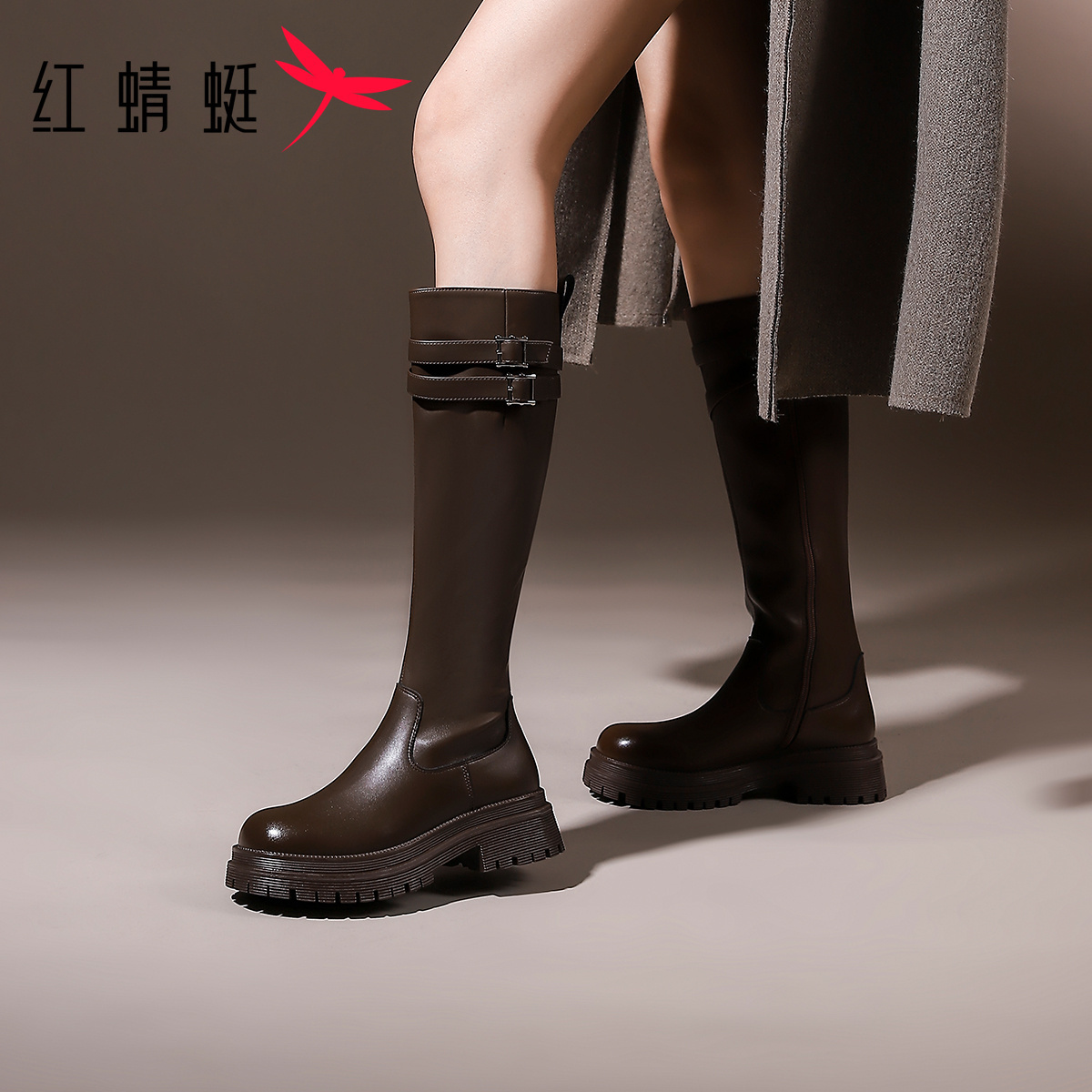 红蜻蜓厚底长靴女士新款秋冬长筒靴高筒骑士靴小个子帅气机车女靴