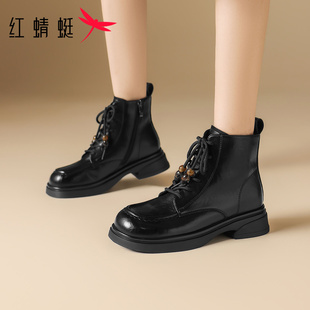 红蜻蜓舒适软底马丁靴女款2026新款冬季英伦风厚底拉链平底皮靴子