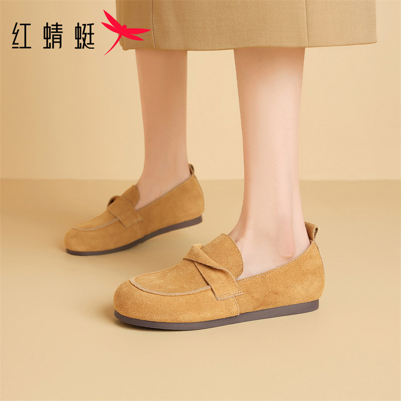 红蜻蜓舒适软底乐福鞋女款2026新款平底勃肯鞋柔软真皮休闲豆豆鞋