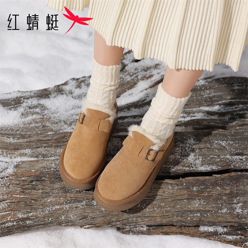红蜻蜓加绒加厚雪地棉鞋女士新款厚底防滑雪地靴真皮保暖勃肯女鞋