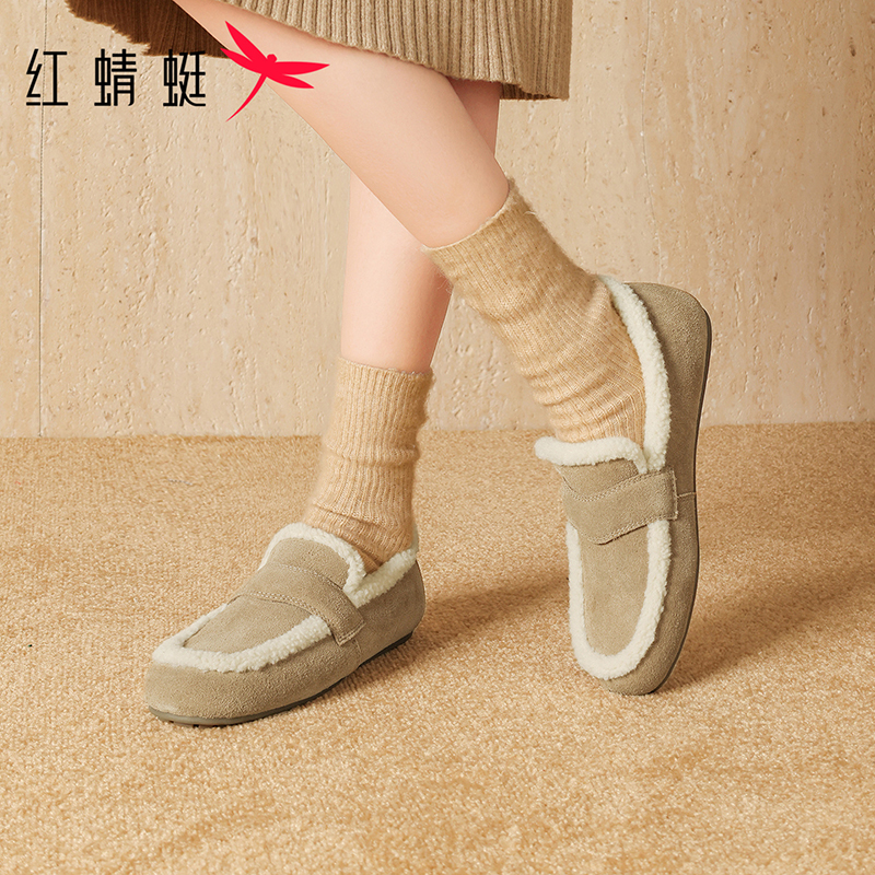 红蜻蜓加绒棉鞋女款2025新款秋冬复古毛毛鞋舒适真皮保暖雪地女鞋