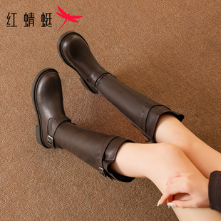 红蜻蜓棕色长筒靴子女士2026新款真皮厚底巨好看骑士靴中高筒长靴