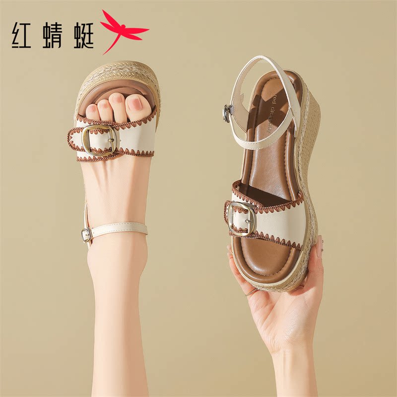 红蜻蜓女鞋夏季外穿坡跟凉鞋 软底防滑 通勤逛街度假必备增高鞋