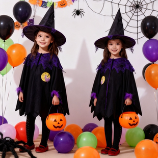 万圣节儿童服装女童演出斗篷披风巫婆衣服小女巫cos亲子表演装扮